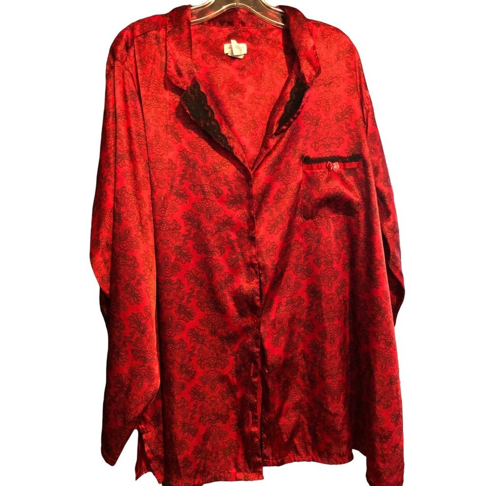 Vtg Set Jaclyn Smith Burgundy Black Silky Pajama Top and Bottom Size 4X Large